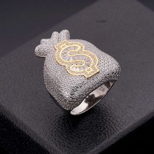 2024 Hip Hop Iced Out CZ Moissanite Diamond Baguette Money Bag Dollar Symbol Sign 14k Gold Plated Rapper Fashion Smyckes Rings m