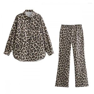 Casual Dresses 2024 Women Vintage Leopard Printed Long Sleeve Shirt Pant Female Zipper High Waisted Full Length Loose Trousers