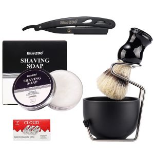 شفرات 6pcs Men Beard Shave Care Kit (100 جرام حلاقة الصابون فرشاة الفولاذ المقاوم للصدأ الفولاذ المقاوم للصدأ شفرات 10pcs شفرات)