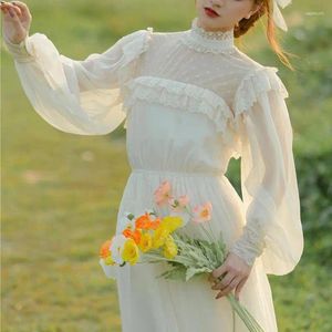 Casual Dresses NIGGEEY Courtly Beige Vintage Chiffon Yarn Dress Women Lace Standing Collar Fairy Big Swing Elegant Princess