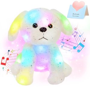 30 cm musikalische weiße Hundepuppe LED Luminous Stuffed Tier Plüschspielzeug Kaninchen Haar vergoldete Hund leuchtet leuchtende Geschenke für Kinder Mädchen 240419