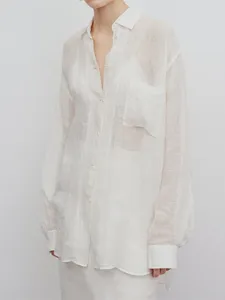 Женские блузки минималистские легкие женщины прозрачная белая рубашка 2024 Spring Ladies Одинокая грудь.