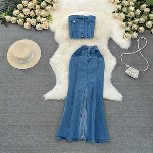 Vestidos de trabalho mulheres jeans maxi saias de terno sem mangas com alça de botão Tops Tops plissados de cintura alta