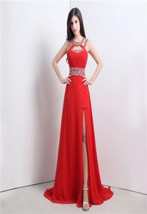 Crystal Jewel Red Adusks con laterale Chiffon Crisscross Back Sexy Red Abiti da sera Abiti formali serata 20175786992