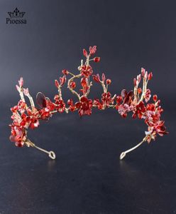 Hair Clips Barrettes Baroque Handmade Elegant Crystal Crown Tiara Red Princess Rhinestone Ornaments Hairband Prom Bride Wedding 3603251