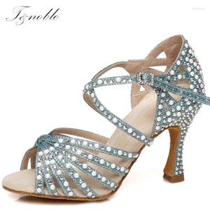 Sapatos de dança Mulheres tênis Sandálias de cristal azul latino Setin shin shine shinstones de fundo macio saltos altos de verão 5-10cm L429