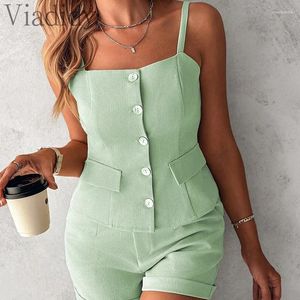 Women's Tracksuits Women Casual Solid Color Button Front Tank Top And High Waist Shorts 2pcs Set