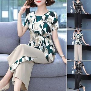 Women's Two Piece Pants Loose Trousers Set Floral Print Top With Lace-up Detail Plus Size O Neck T-shirt Wide Leg For Mid-aged