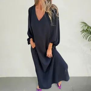 Lässige Kleider weicher atmungsaktives Stoff Kleid eleganter Sommer Maxi mit Laternenhülsen V-Ausschnitt für Frauen Solid Color Polyester Büro