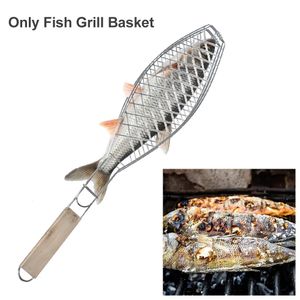 Barbecue Fish Grill Basket Rostfritt stål Kopplad med trähandtag BBQ Utomhuskökverktyg Portabla grillköksredskap 240415