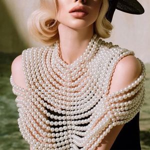 Luxury White Pearl Chest Breast Shoulder Body Chain Beaded Halsband för kvinnor Beach Body Jewelry Prom Party Deco 240415