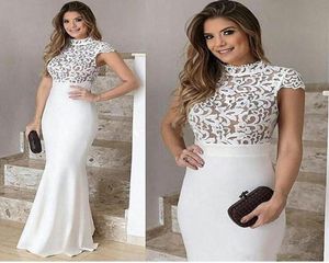 Vestidos de noite de renda branca elegantes com mangas altas no pescoço sereia baile de banheiros personalizados da bainha feita de honra 7357480