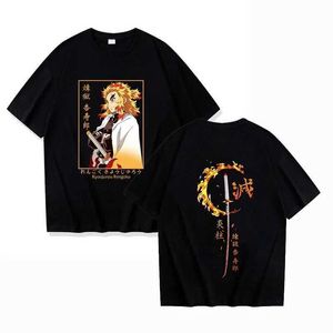 Camisetas masculinas Novo anime Rengoku Kyoujurou Momens feminino de verão curto slve t camisetas redondas pescoço casual harajuku unisex y2k tops y240420