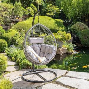 Camp Furniture Outdoor Wicker Hanging Basket Chair With Water Resistant Cushions And Iron Base Grey / Black Garden Swings