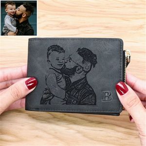 Wallets Personalized Custom Photo Wallet for Men with Zipper Coin Pocket Engraved Picture Text Wallets Gift for Father's Day Him Dad