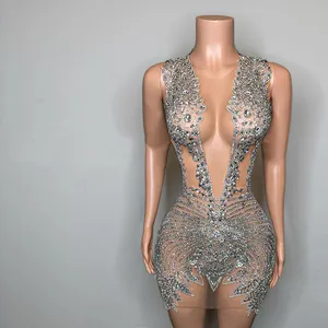 Rhinestones sexy vestidos de baile curtos para garotas negras, roupas de festa de aniversário, veja através de roupões de lantejoulas de soiree