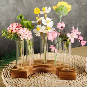 Wazony przezroczyste szklane testowe rurkę wazon Wazon Hydroponiczne pojemnik z drewnianą bazą domową stołową garnek bonsai dekoracje rzemiosła