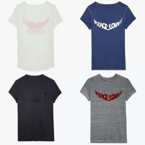 24SS Zadig Voltaire 새로운 트렌디 한 여성 디자이너면 T 셔츠 분홍색 날개 인쇄 버튼 뒷면 U-Neck 여름 티 여성 캐주얼 다용도 짧은 슬리브 티셔츠 탑 ZV