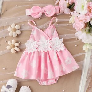 Rompers 3d çiçek sevimli kız bebek romper elbise yaz sırtsız kolsuz çocuk kıyafetleri rahat baskı bodysuits kafa bant ile