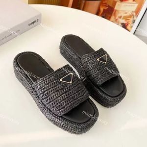 Designer Inverted Triangle Platform Slippers Women Straw Weave Slides Luxury High Quality Sandals Shoes Size 35-41