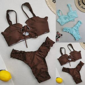 Damen Badebekleidung europäischer und amerikanischer gedruckter Bikini sexy dünne Spitze Feste Farbe Drei Tops für Frauen kleines Büste Big Top