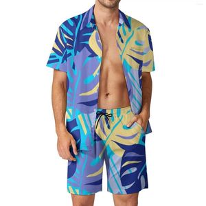 Herren Trailsuits Tropical Leaf Men Set Blue and Orange Casual Shorts Sommer Hawaiian Vacation Shirt Set kurzärmelig Drucken Übergroßer Anzug