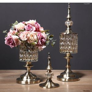 Vases Creative Metal Crystal Glass Vase Candy Jar Modern Home Decoration Simulation Flower Dining Table Arrangement Accessories