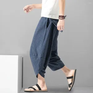 Męskie spodnie luźne fit harem letnie przycięte z elastycznym sznurkiem w paski w paski do streetwearii