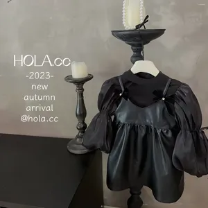 Girl Dresses Girls Princess Clothes Spring Autumn Children Lapel A-Line Party Dress Kids Fake Two Pieces Elegant Puff Sleeve Leather Skirt