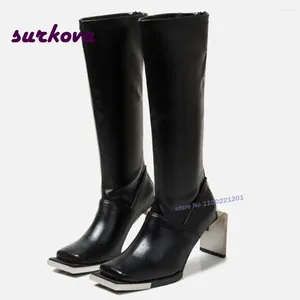 Boots Square Toe Knee High For Women Metal Heels Platform Black Back Zipper Sexy Design Knight Luxury Long