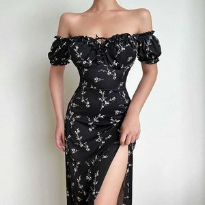 Urban Seksowne sukienki Off Flower Print Seksowna sukienka dla kobiet wysoko podzielone Eleganckie długie sukienki Body Bodycon Sukienka Vestidos QY21251KJ Y240420