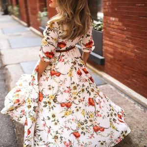 Casual klänningar blommig lång klänning Elegant maxi för kvinnor a-line silhuett med hög midja halva ärmar vår höstkväll