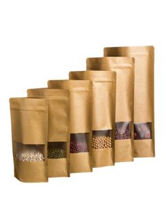 100pcs Kraft Paper Stand Up Zipper Pouch Bag with Window Resealable Zip Lock Closure Heat Seal for Food Packaging3090935