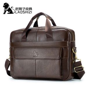 Briefcases Luxury Genuine Leather Business Men's Briefcase Male Real Cow Leather Men Shoulder Messenger Bag Travel Computer Handbags Brown