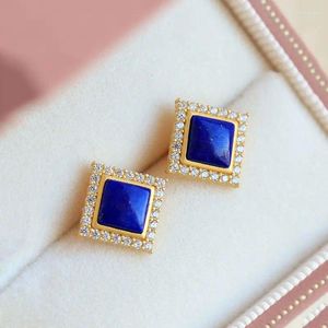 Bolzenohrringe Ancient Gold Handwerkskunst Crystal Blue Ohrring Square Lapis Lazuli für Frauen Einfacher und leichter Luxusschmuck