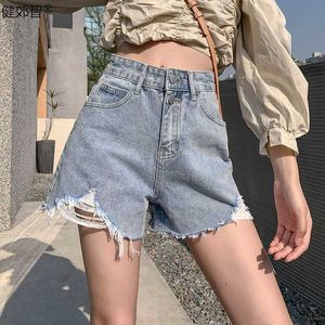 Large size chubby MM high waisted perforated denim shorts for women in summer double button high street wide leg loose A-line hot pants trendy and smart