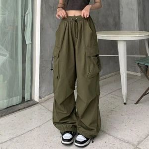 Kvinnors lastbyxor Hip Hop Baggy Solid Color Multi Pockets Elastic midja Match Top Loose Hady Lady Trousers Women kläder 240408