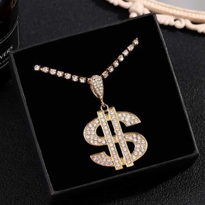 Pendant Necklaces Punk Crystal Big Dollar Sign Rhinestone Necklace For Women Bling Big Money Dollar Tennis Chain Choker Statement Party Y240420