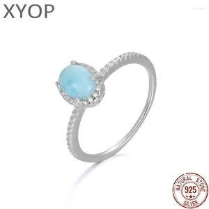 Klaster Pierścienie 925 Sterling Srebrny Stone Natural Larimar Propozycja Pierścień Kobiety Klasyczne proste kobiece ślub miłosne randki biżuterii diamentowej