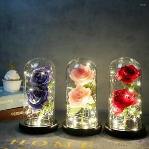 Decorative Flowers Flashing Colorful LED Night With Black Base Galaxy Rose In Flask Flower Glass Dome For Valentine'S Day Gift Wedding Decor