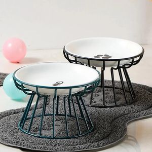 1Set Pet Ceramic Bowl Eisen Rack Katzenfutter Snacks Konserven Anti-Schwarz-Kinn-Anti-Drehwasser läuft nicht leicht zu essen 240407