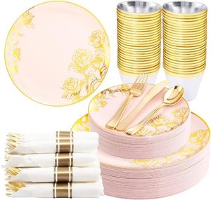 Einweg -Geschirr 210pcs Pink Gold Plastikplatten Set umfassen 60 30 Silberwaren