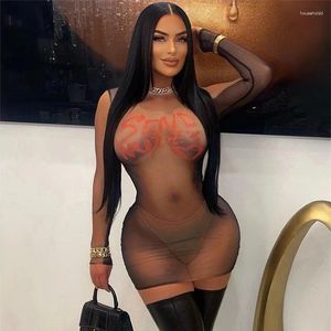 Casual Dresses Mini Dress Women Sexy See Through Mesh Letter Print Long Sleeve O-neck Slim Peach Robe Female Coquette Party Club Vestidos