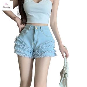 Shorts femininos Sexy de cintura alta shorts de jeans verão nova moda coreana de moda multi-camada lixando calças femininas de cor clara y240420