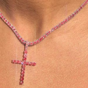 Pendant Necklaces Iced out Pink Crystal Cross Charms Tennis Chain Necklaces For Women Multilayered Bling Butterfly Choker Collar Punk Jewelry Gift Y240420