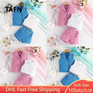 Clothing Sets 10Sets Bulk Wholesale Kids Set Summer Lapel Tops Tank Vest Ruffles Shorts 3 Piece Children Casual Outfits M664