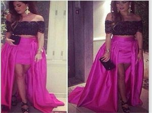 Oi Lo Two Pieces Prom Vestres 2015 Fuchsia Black Lace Off Festy Festy Dress With Sleeves Vestido de Festa Prom Pontuação 8770553