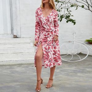 Casual Dresses Sexy Bohemian Beach Wedding Party Bridesmaid Broken Flowers Print Dress V Neck Side Drawstring Vestidos Para Mujer