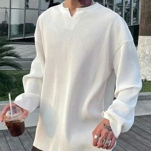 Spring White V-Neck Pleated Stripe T-Shirt Men Large Size Silky Soft Long Sleeved T-Shirt Summer Loose Bottomed Shirt 240421