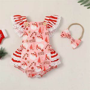 Citgeett Sommer Weihnachten Kind Kind Mädchen Jumpsuit Set Cartoon Print Flying Sleeve Bodysuit Bogen Stirnband Weihnachtskleidung 240409